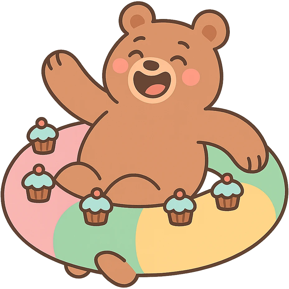 laughing bear floating in a party ring with mini cupcakes, soft pastel colors, smooth lines, cute style emoji