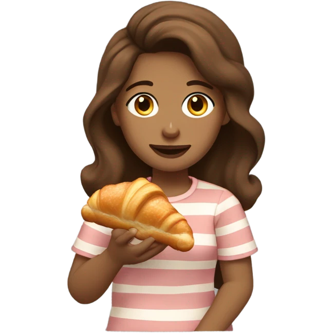 A girl with wavy brown hair, brown eyes, tan, eating a croissant with egg, bacon, and ham emoji