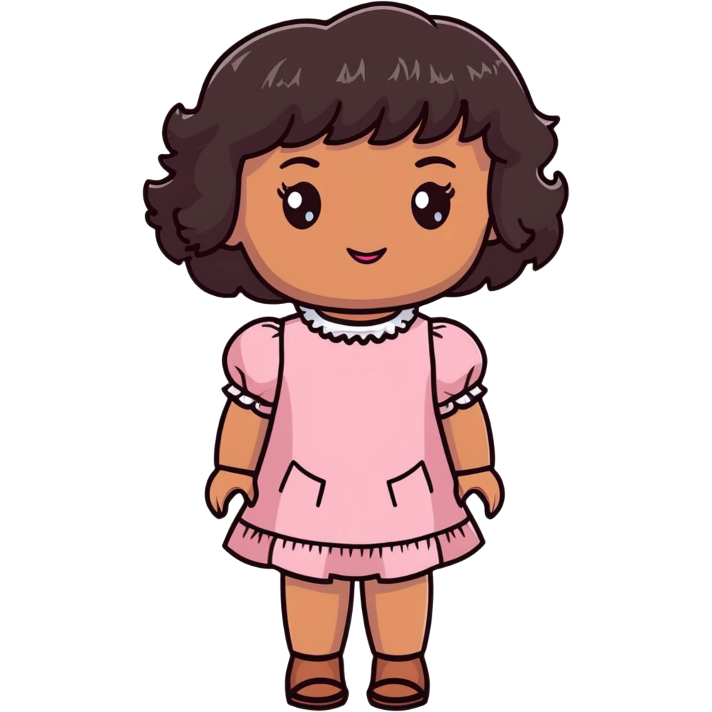 personagem de pele parda, cabelos cacheados pretos de comprimento médio com franja, olhos castanhos, maquiagem de boneca, vestido rosa claro emoji