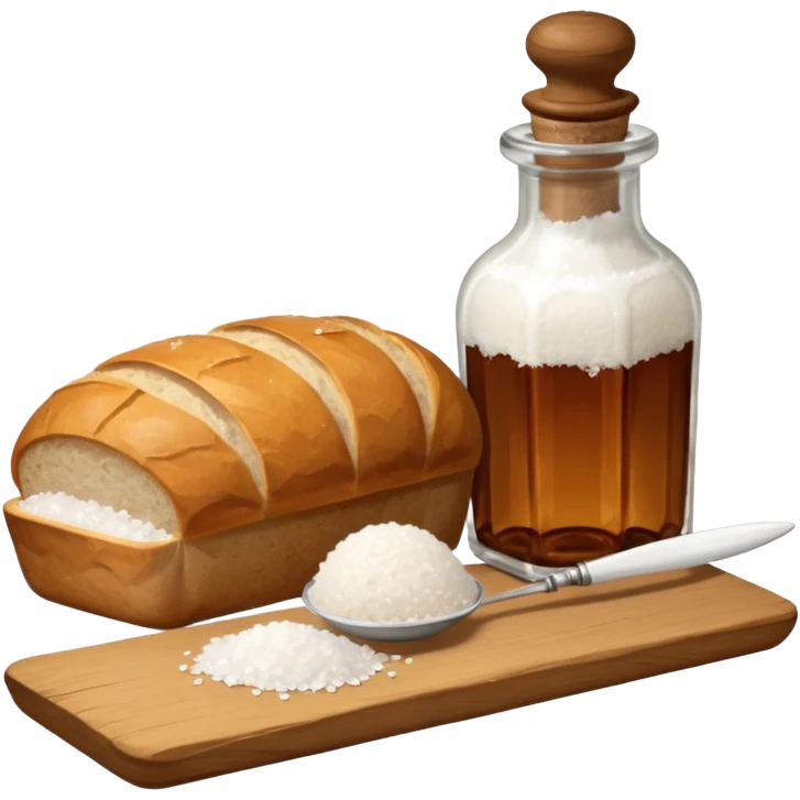 a one victorian bottle of salt and a loaf of bread - crochet needles and a ball of wool emoji