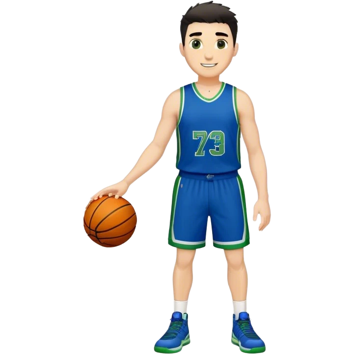 Full Body heavy tall white male with dark short spike hair basketball player wearing blue green uniform smiling emoji