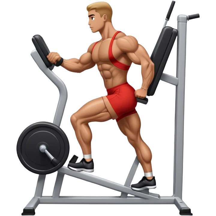 side-view bodybuilder using gym calf-raise machine emoji