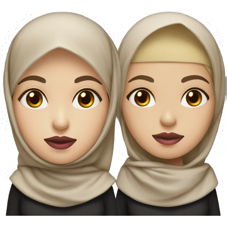 women with hijab with light skin, using a beige hijab and black shirt, have a dark eye color, and pink lips emoji