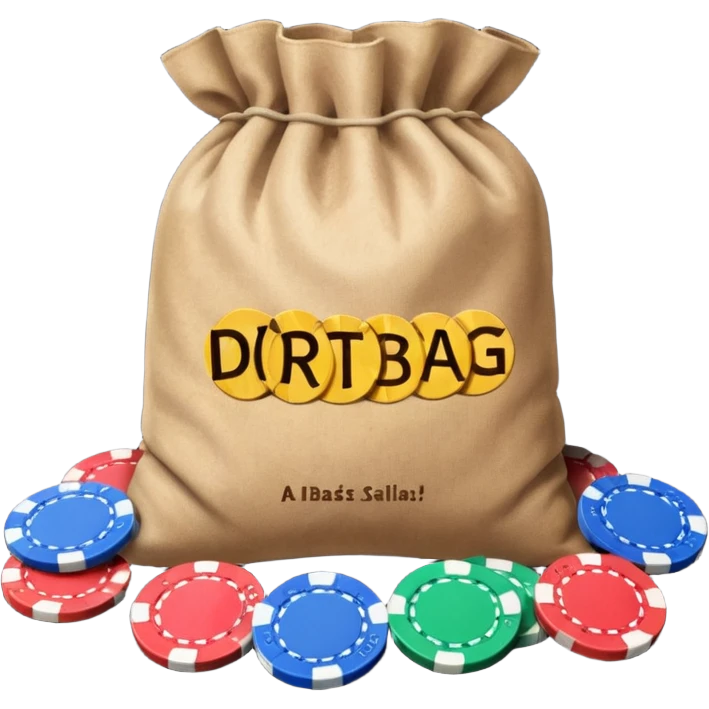 Create a bag of dirt that says dirtbag with poker chips around it emoji