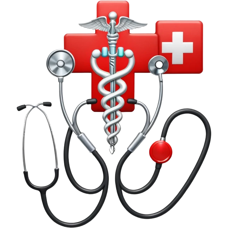 An icon featuring a caduceus (a bowl with a snake), a red cross, and a stethoscope, symbolizing medicine. The design includes medical tools and symbols, representing healthcare, diagnosis, and healing practices. Transparent background highlights the profession and study of medicine. emoji