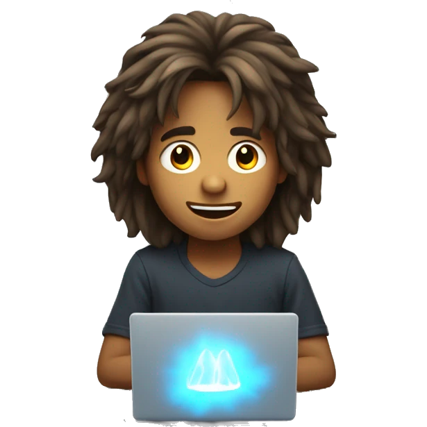 Long haired boy playing on the computer and it lights up emoji