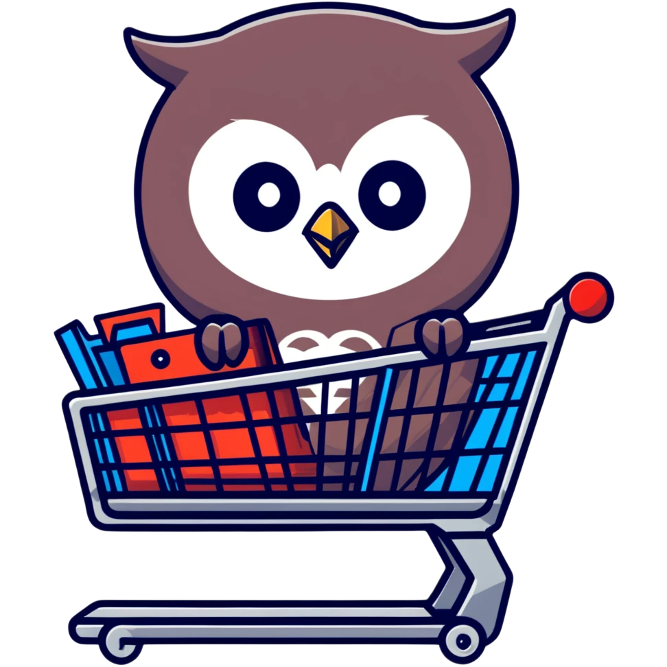Cute Twilio owl standing in a shopping cart emoji