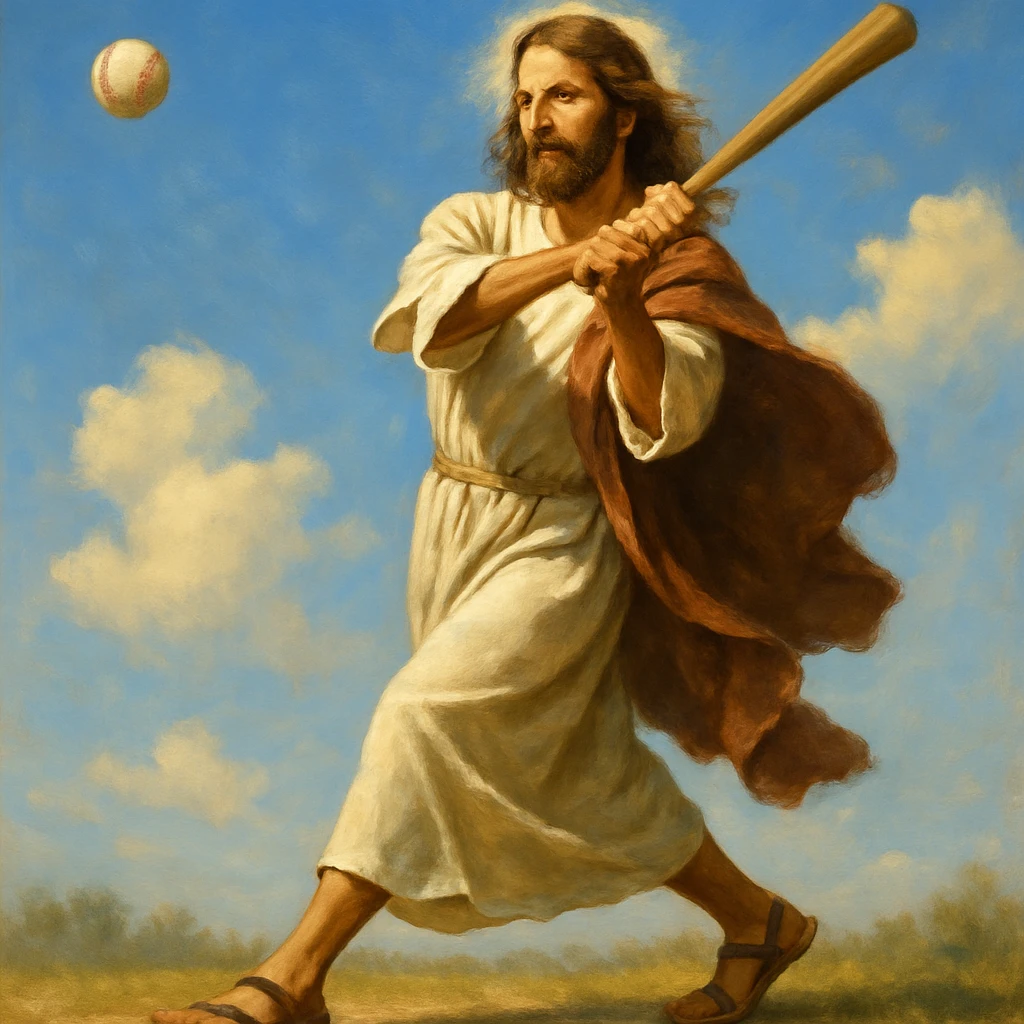 Jesus in sandals and robe mid-swing with a baseball flying, peaceful and athletic, sunny sky background emoji