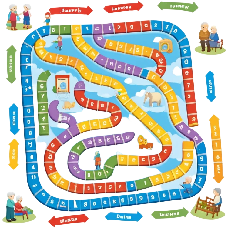 Game Board (like Chutes and Ladders) called Journey of Type 1 diabetes and Aging.  Subtext: Aging with Type 1 Diabetes, large enough to read for seniors  emoji