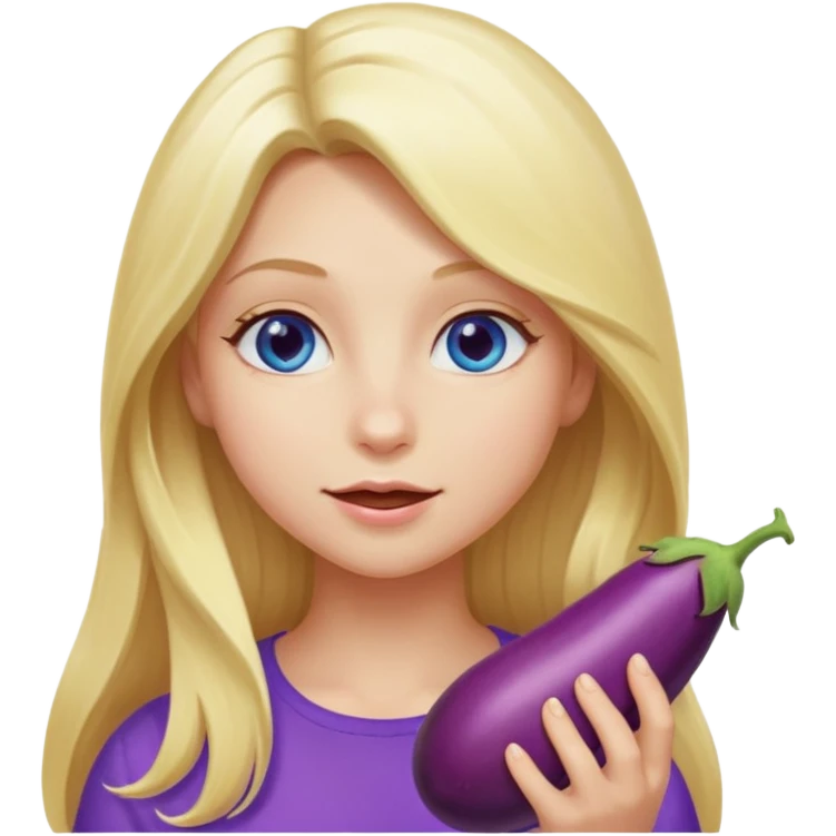 Blonde long hair girl, blue eyes, eating an eggplant emoji