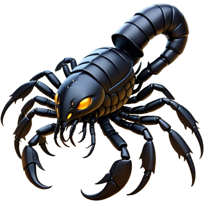 Cinematic Noble Emperor Scorpion Portrait Emoji, Poised and formidable, with a robust, armored build and a glossy, jet-black exoskeleton accented by striking, segmented pincers, deep-set piercing eyes, Simplified yet sharp and sophisticated features, highly detailed, glowing with a cool, dignified glow, high shine, intelligent and imposing, stylized with an air of ancient desert majesty, focused and attentive, soft glowing outline, capturing the essence of a watchful and commanding scorpion that feels as though it could silently creep out of the screen with effortless authority! emoji