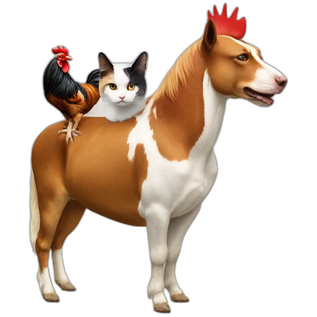 rooster on the back of a cat on the back of a dog on the back of a donkey  emoji