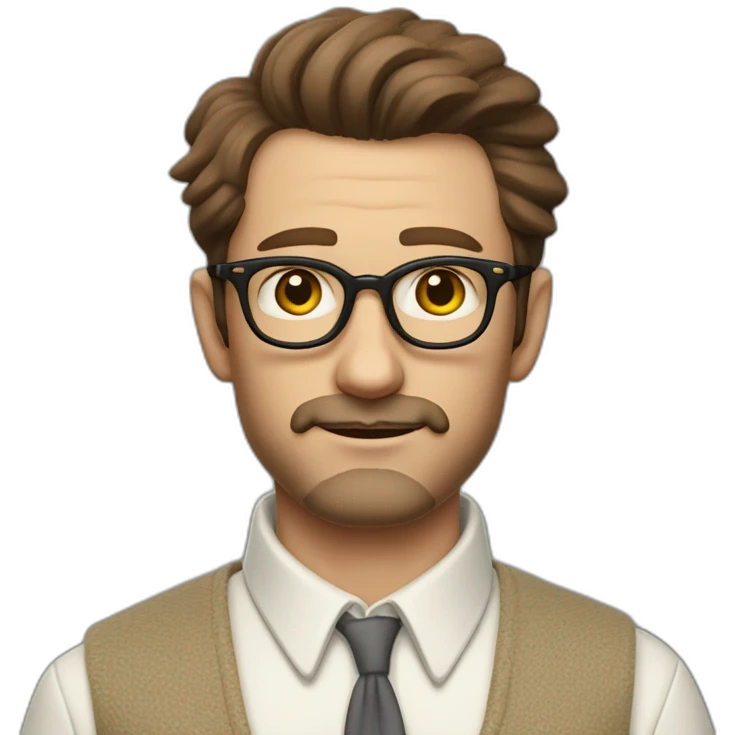 wes anderson character of a 40-year old man with short quiff and hipster beard, brown hair with a bit of grey, white oxford collar shirt all buttoned up (no tie) emoji
