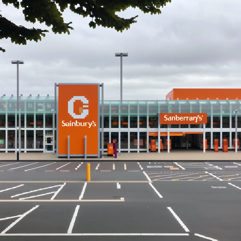 Isometric view of a Sainsbury's supermarket building with orange signage, large glass entrance, shopping trolleys, and car park with parent-child parking spaces emoji