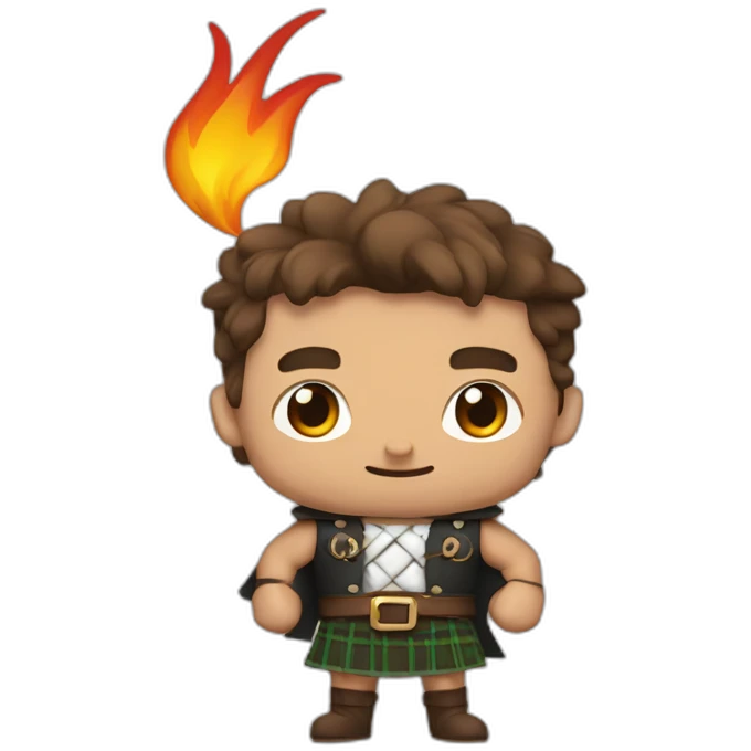 monty wearing a kilt flexing bicep brown hair surrounded by fire emoji