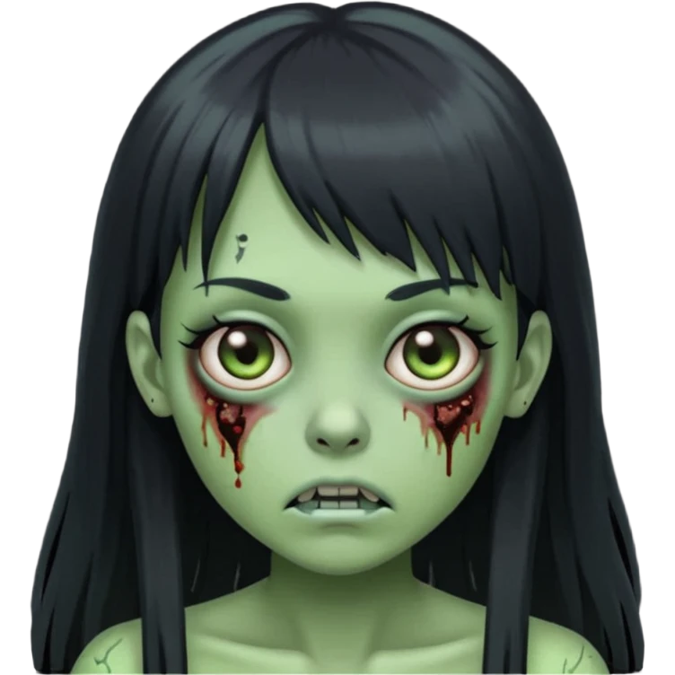 Zombie emoji girl, light green skin, black straight long hair with bangs emoji