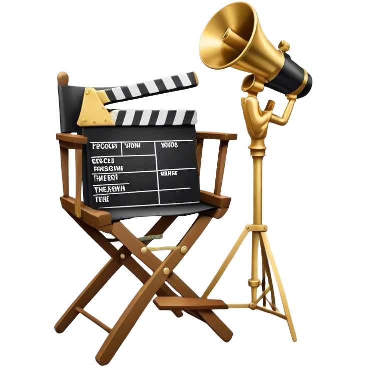 Icon for Directing: professional collage with director's chair, a film slate, a megaphone and an Oscar statuette. The icon should represent the creative and leadership aspects of directing, with focus on film and theater production. Transparent background. emoji