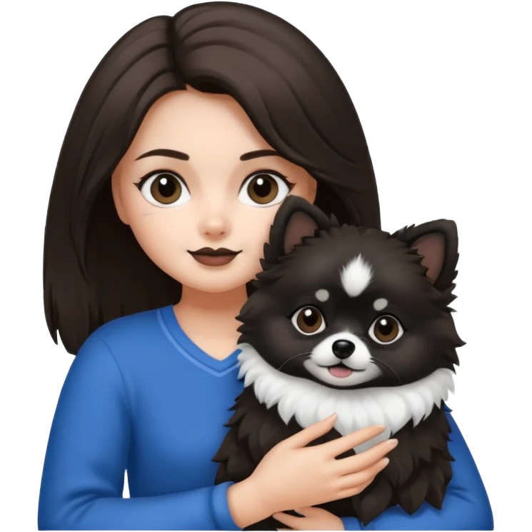 A brunette hair girl holding a black and white 1 Pomeranian dog who has black face but in the middle it’s white line emoji