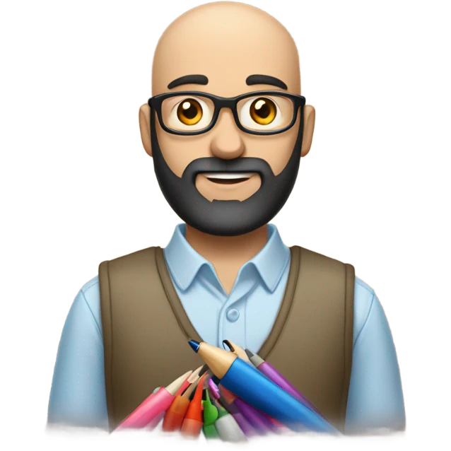 Balding man with black beard, cross on shirt, holding lots of pens  emoji
