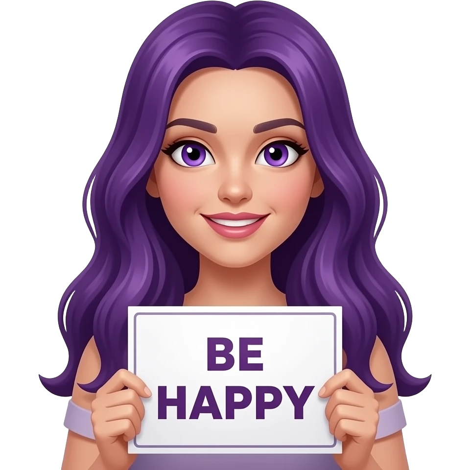 sexy girl with long purple hair and purple eyes holding BE HAPPY sign emoji