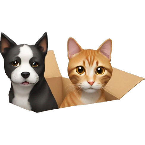 a dog and a cat in an amazon cardboard box emoji