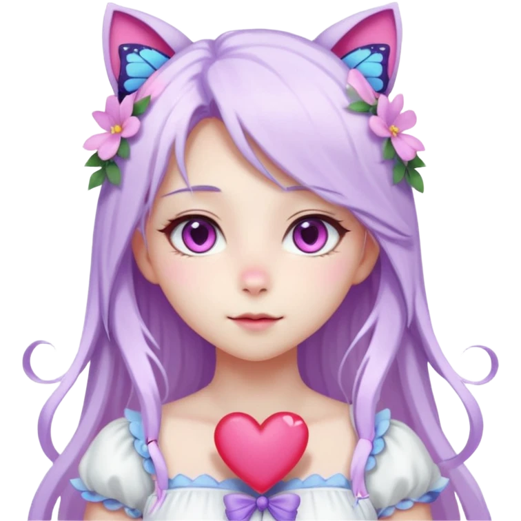 female anime character with pink eyes long white hair periwinkle highlights and cat ears on her head. She is wearing a white dress with purple flowers and butterfly. holding a heart emoji