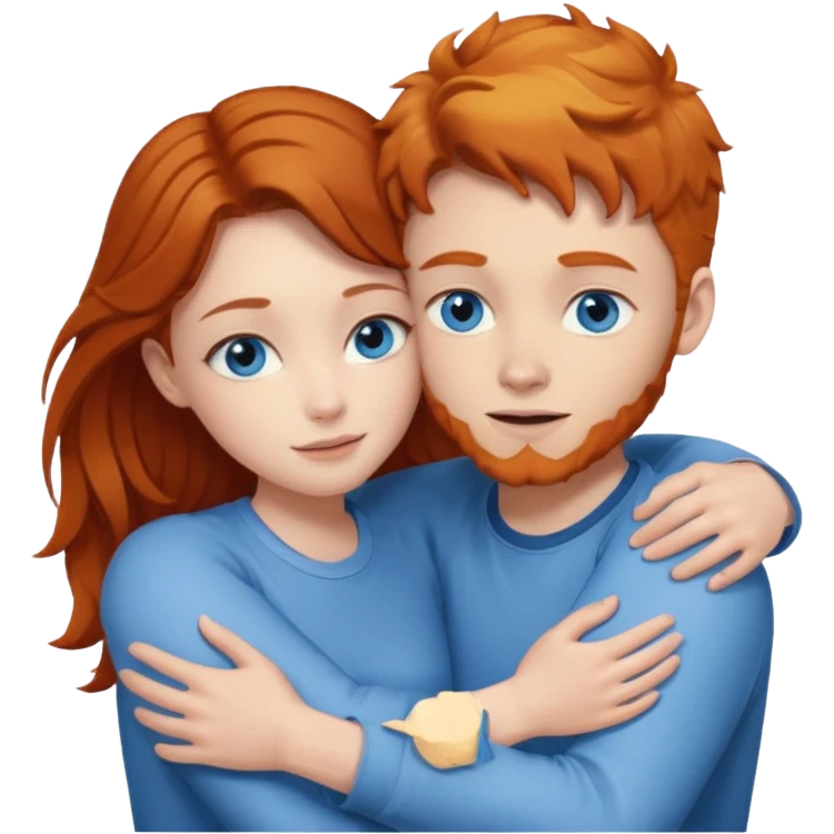 Ginger boy hugging brunette girl. Both have blue eyes.  emoji