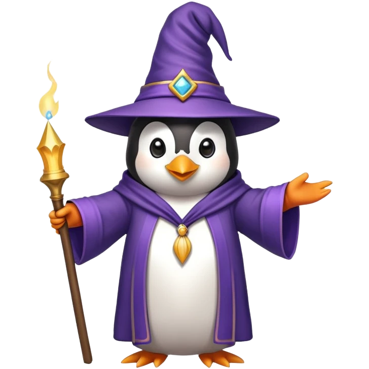 penguin wearing wizard hat and robe casting magic emoji
