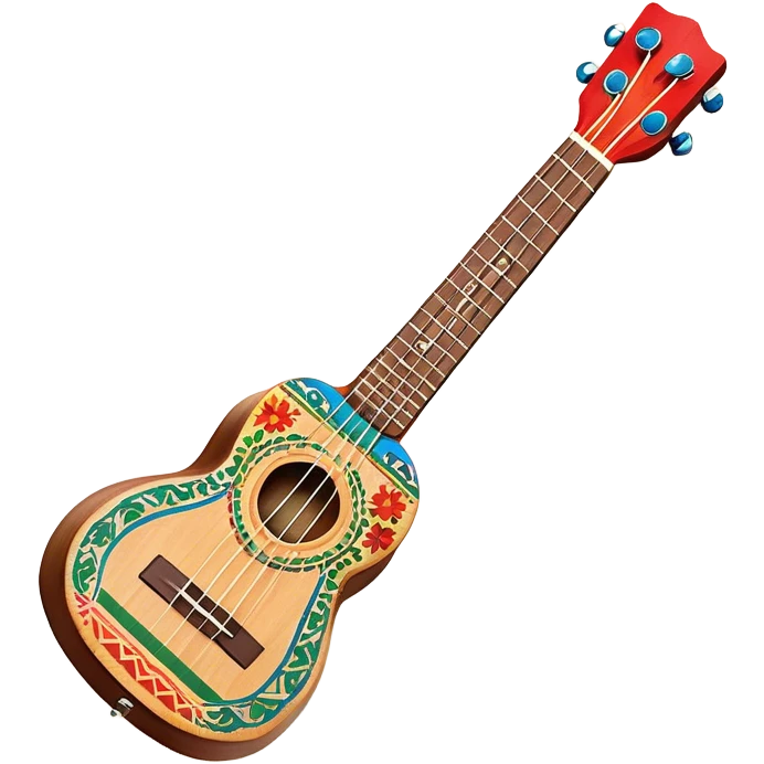 Create a vibrant and artistic emoji representing a ukulele with a Mexican design. The ukulele should feature a bright, colorful body with traditional Mexican patterns, such as geometric shapes, floral motifs, or colorful stripes. Use rich, warm tones like red, yellow, green, and blue to give the instrument a lively, festive look. Highlight the wood grain of the ukulele’s neck and fingerboard, and add subtle details like decorative inlays or a small Mexican flag symbol on the body. The strings should be clearly visible, and the instrument should be in a slightly angled position to showcase its unique design. The background should be transparent. emoji