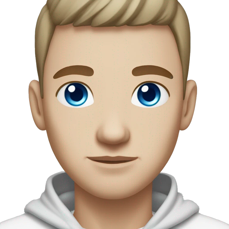 A slavic guy with blue eyes, light skin, shaved dark hair under 0.5, white T-shirt clothes, silver earring piercing with cross on left ear. emoji