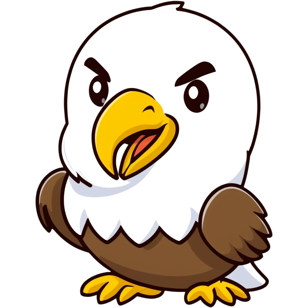 bald eagle with open beak from front view, white head, yellow beak emoji