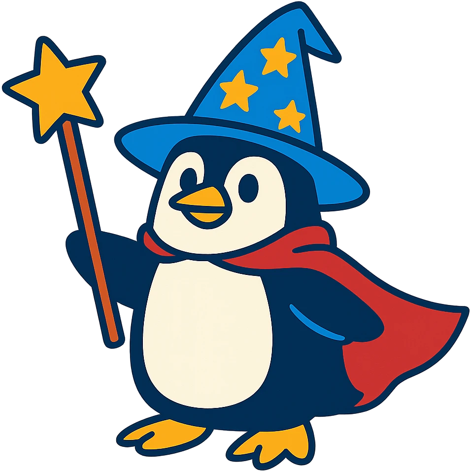 a penguin dressed as a wizard, with a pointed hat and a magic staff, in a fun and whimsical style emoji