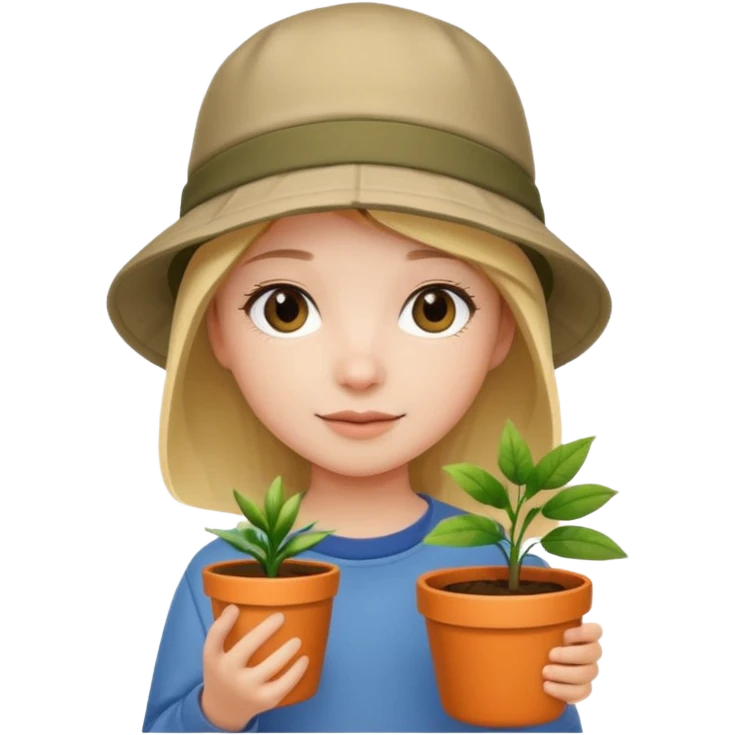 young girl wearing bucket hat, holding a plant pot emoji
