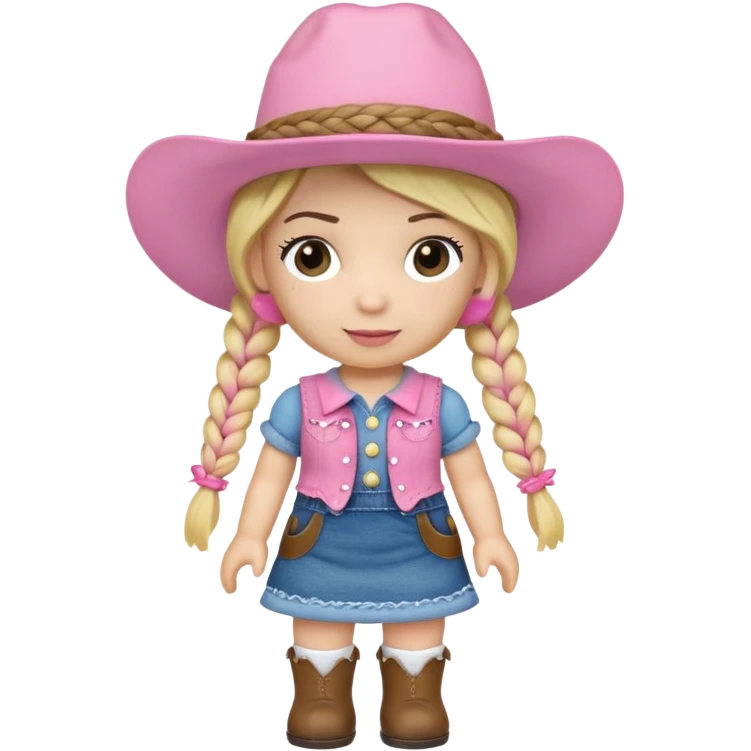 A soft plush cowgirl doll with a pink hat and blonde braids emoji