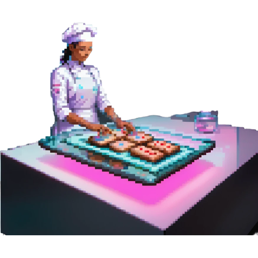 A sleek cyborg baker using holographic ingredients and laser precision. The kitchen is a fusion of chrome, glass, and neon. Interface elements float like holograms, with glowing edges, translucent layers, and tactile feedback illusions. emoji