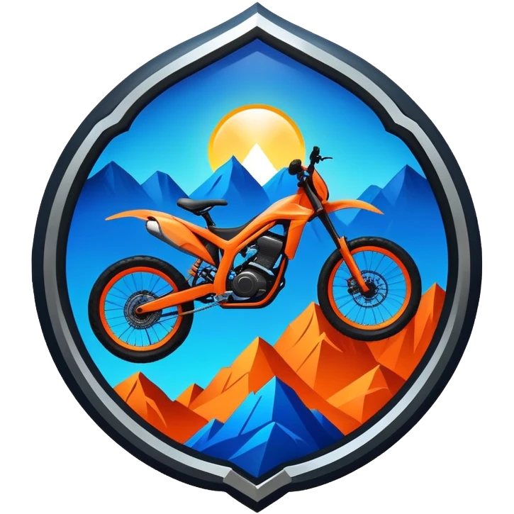 A bold, dynamic emblem combining elements of extreme sports like a mountain, a bike, and a parachute, all within a circular or shield-like shape. The design conveys speed, adventure, and adrenaline, with sharp lines and vibrant colors representing the thrill and intensity of extreme sports. emoji