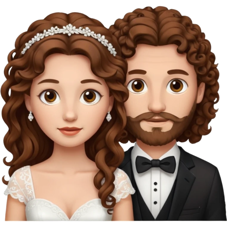 wedding couple woman with brown hair and eyes man with long curly hair and facial hair emoji