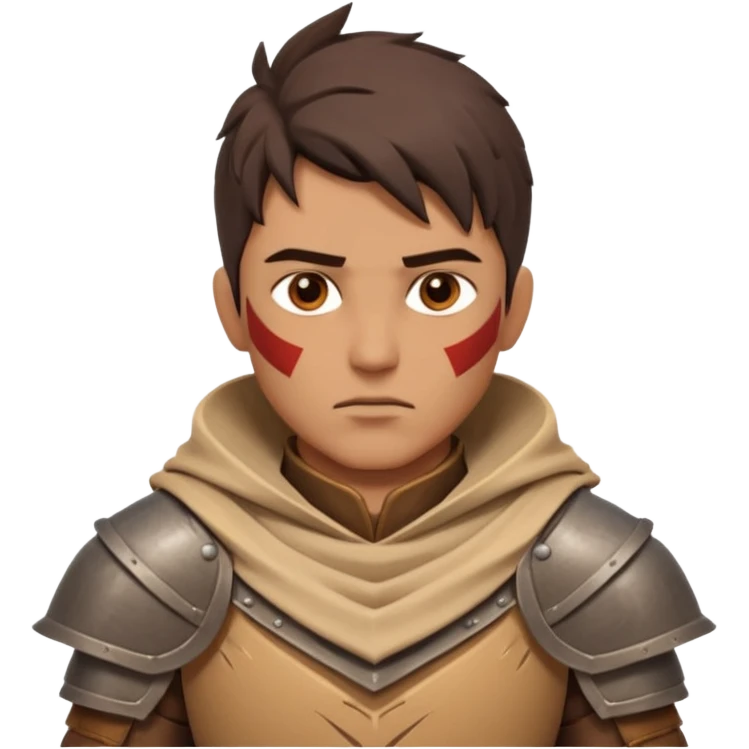 desert warrior portrait, head and shoulders only, sandy cloak collar, leather armor, intense eyes, desert fighter vibe, 3D cartoon, mobile game icon style, clean background, no text, no watermark
 emoji