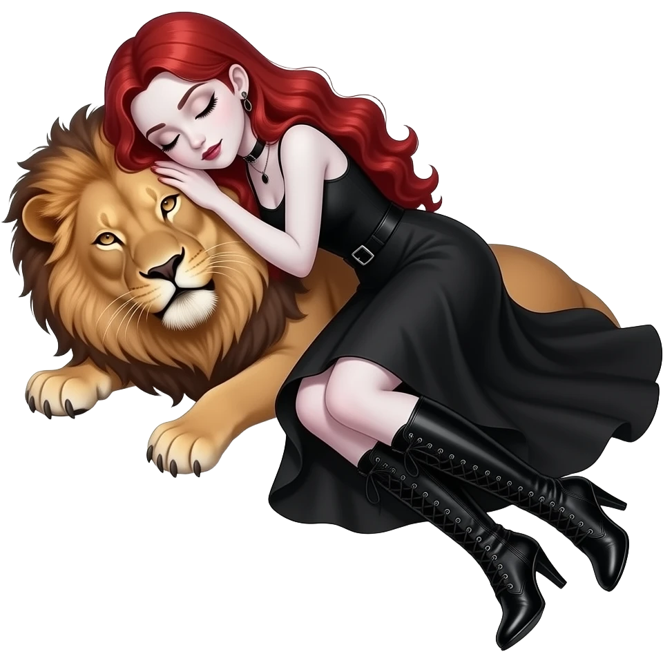 Vampiro adolescente femmina con pelle bianca e capelli rosso ondulati lunghi che indossa una gonna lunga nera e un top-canottiera nera e degli stivali lunghi neri con tacco e che dorme insieme ad un leone emoji
