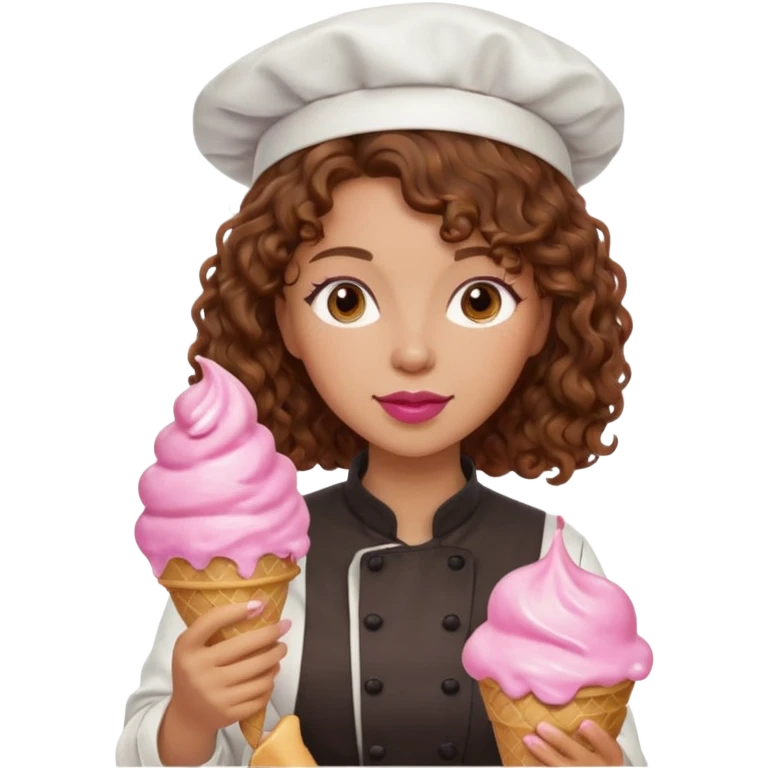woman brown curly hair, chef, eating pink ice cream emoji
