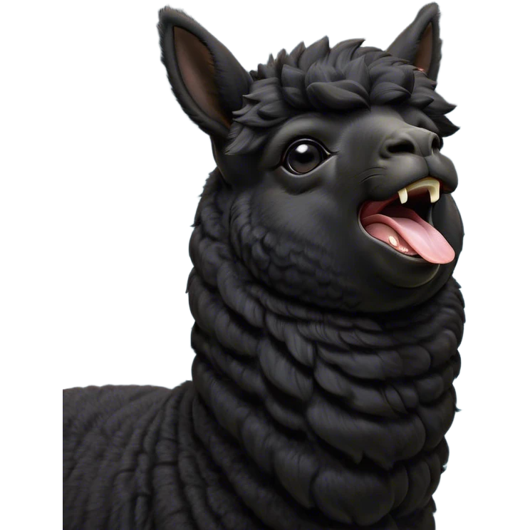 Cinematic Cute Yawning Black Alpaca Portrait Emoji, Head tilted slightly with a dramatic, wide-open yawn, showcasing a soft, plush jet-black fleece with gently drooping ears, round dark eyes barely open in drowsy contentment, Simplified yet irresistibly adorable features, highly detailed, glowing with a soft, cozy glow, high shine, relaxed yet expressive, stylized with a touch of whimsy, bright and endearing, soft glowing outline, capturing the essence of a sleepy yet affectionate alpaca, so drowsy it feels like it could stretch out of the screen and curl up for a nap! emoji