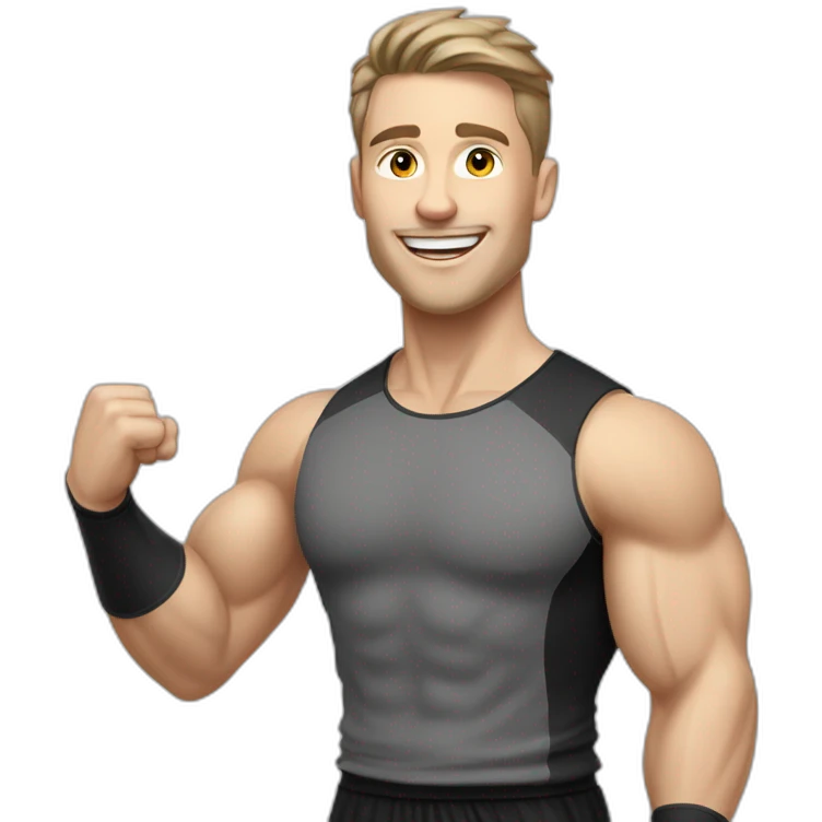 Joyful Celebrating victory Pale skinned Fit Man With the biceps and dark brown hair in black shirt, gray sports shorts and white Sneakers emoji