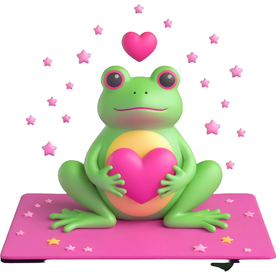 A 3D emoji of a frog in a meditative pose on a pink mat with a heart above its head, stars around it, in the style of iOS 18 emojis. emoji