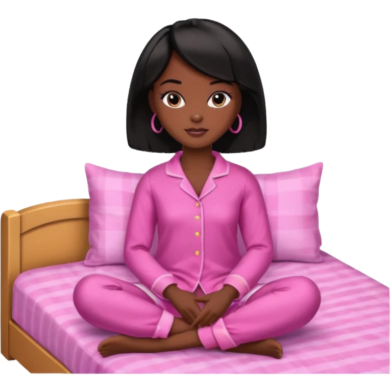 Dark skin Black barbie, short  black bob  hair, pink pajamas in bed  emoji