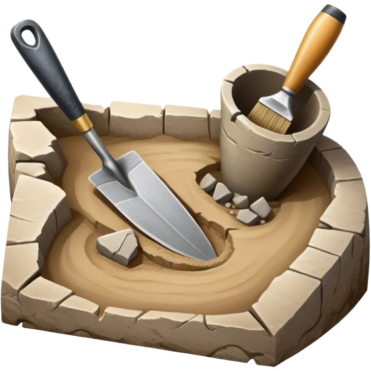 An icon showing an archaeologist’s tools: a trowel, brush, and a partially uncovered ancient artifact like a vase or tablet. The design includes a sandy excavation site with ruins in the background, symbolizing the discovery of past civilizations. Transparent background  emoji