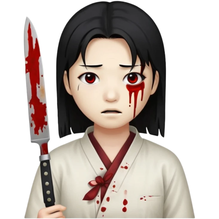 Korean murderer white skin with Asian eyes and holding kitchen knife with black straight hair with also one eye is blind covered with blood emoji
