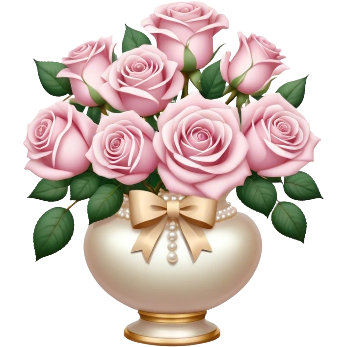 Realistic aesthetic powder pink and white  rose bouquet  in a pearl vintage vase and a beige bow with gold decoration  emoji
