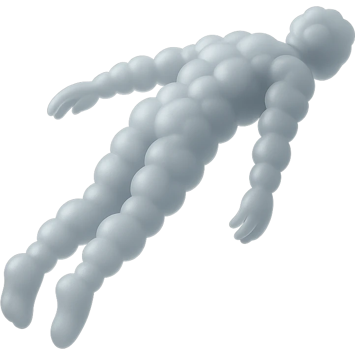 side view of unconscious person flying upwards by torso, legs and arms downwards, made of small very bright white fluffy convex clouds, matte glass style emoji