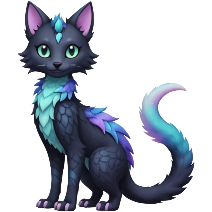 Kawaii black pastel iridescent beautiful pretty elegant divine edgy fantasy feline-vernid-sergal-fursona animal creature with a tufted tail full body with intricate markings  emoji