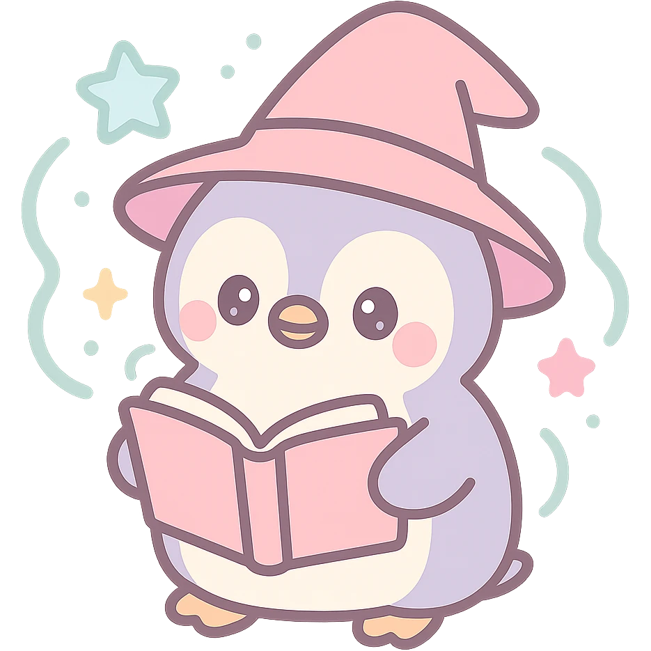 adorable penguin wizard reading a spellbook with magical aura, fantasy style emoji